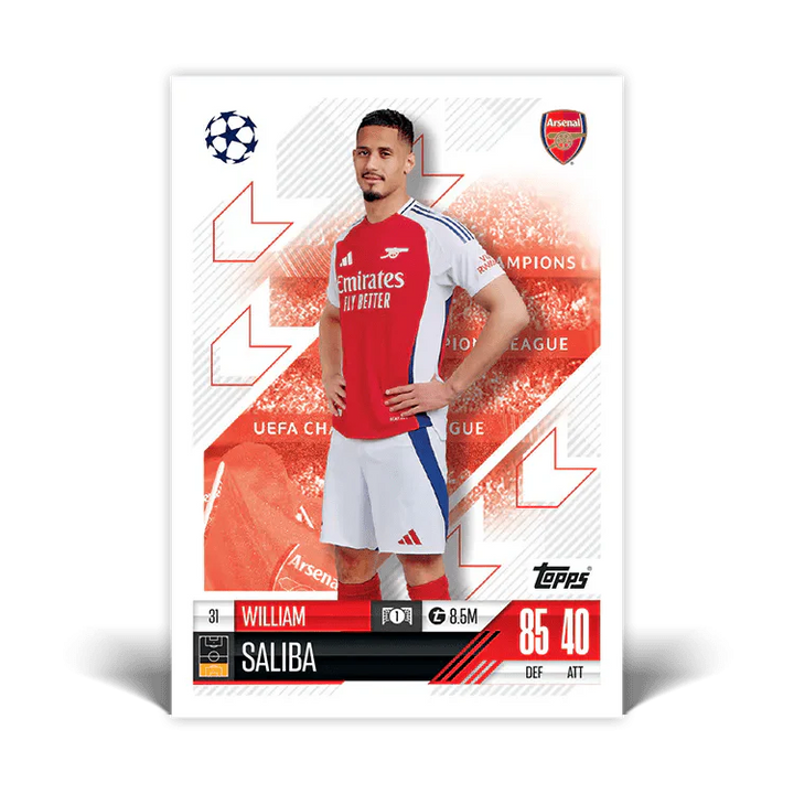 Match Attax 24/25 card featuring William Saliba from Arsenal, showcasing Champions League stats and design.