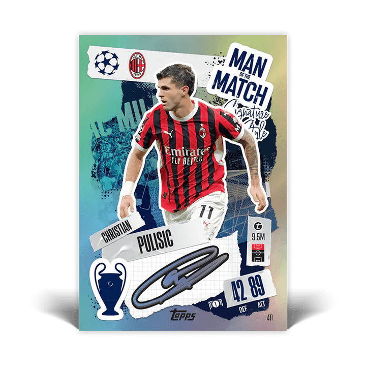 Match Attax card featuring Christian Pulisic as 'Man of the Match' with impressive stats and UEFA Champions League logo.