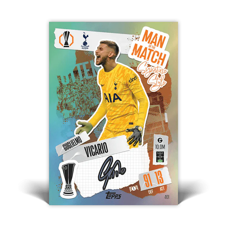 Match Attax card featuring goalkeeper Vicario as Man of the Match, showcasing vibrant design and player stats.