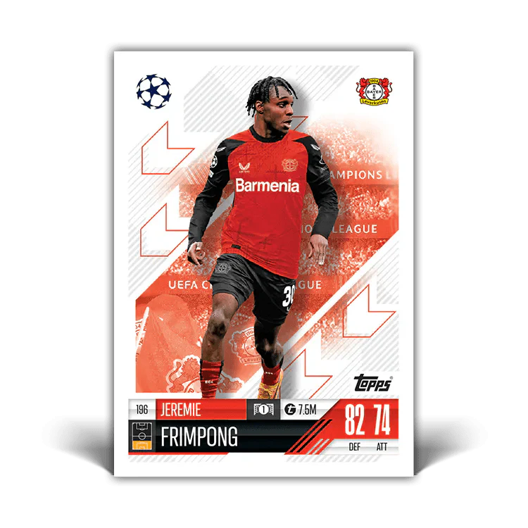 Jeremie Frimpong Match Attax 24/25 trading card featuring Bayer Leverkusen and UEFA Champions League logos.