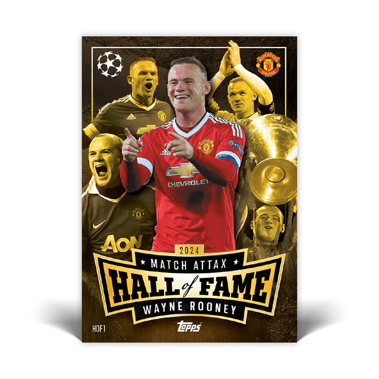 Match Attax 2024 Hall of Fame Wayne Rooney card featuring iconic moments and achievements.