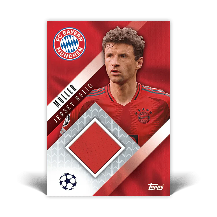 Thomas Müller Bayern Munich Jersey Relic card from UEFA Champions League collectible series by Topps.