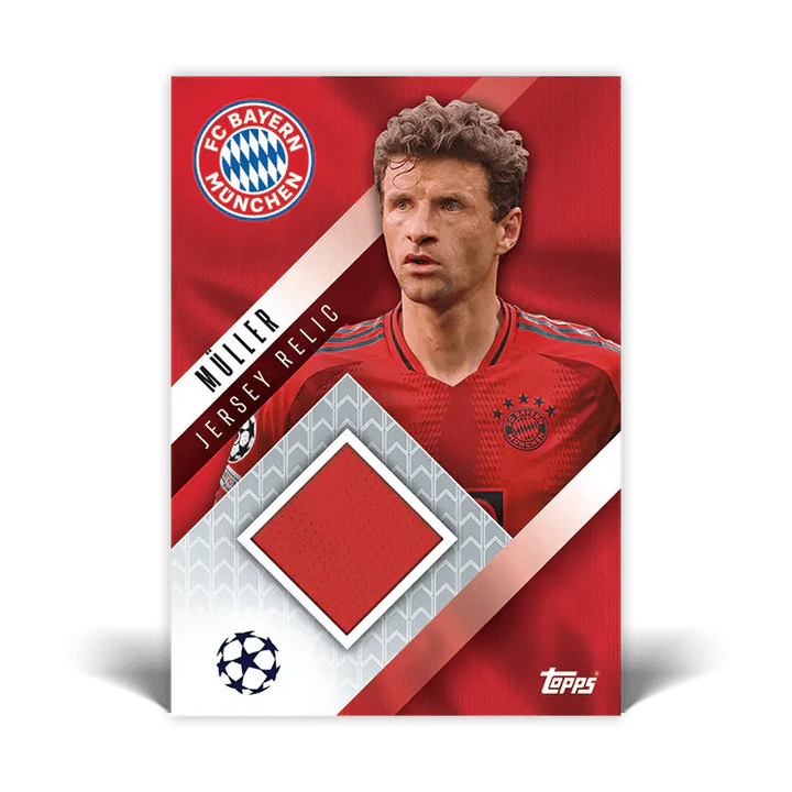 Thomas Müller Bayern Munich Jersey Relic card from UEFA Champions League collectible series by Topps.