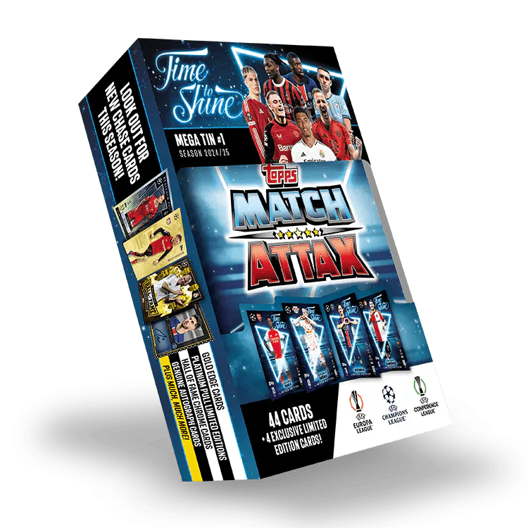 Match Attax 24/25 Mega Tin 'Time To Shine' featuring 44 cards, exclusive limited edition cards, UEFA Champions League.