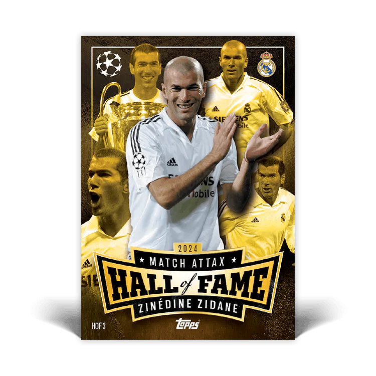 2024 Match Attax Hall of Fame card featuring Zinedine Zidane, showcasing his legacy in football.