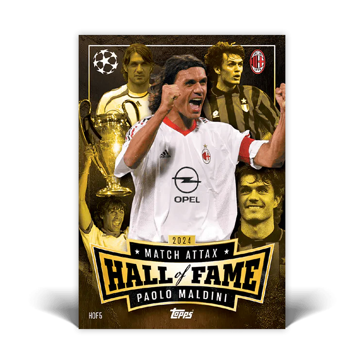 2024 Match Attax Hall of Fame card featuring Paolo Maldini with trophy backdrop and iconic players.