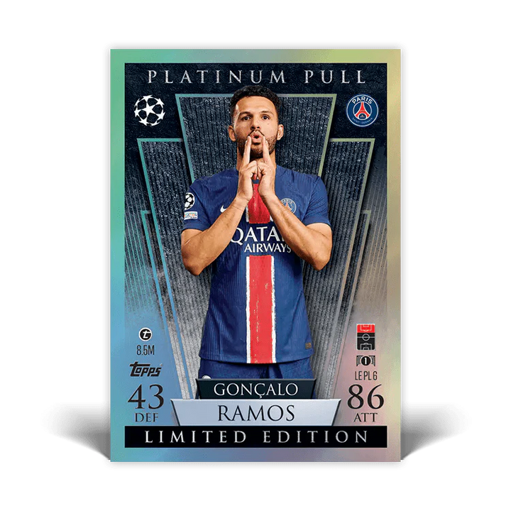 Goncalo Ramos Platinum Pull card, Limited Edition, featuring player stats from UEFA Champions League.