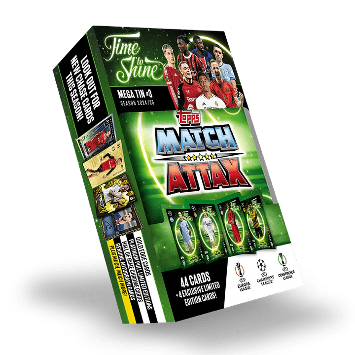 Match Attax 24/25 Mega Tin 'Time To Shine' featuring exclusive UEFA cards and exciting player categories.