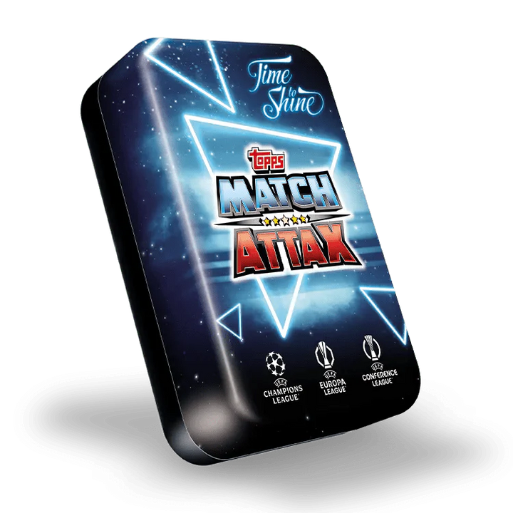 Match Attax 24/25 Mega Tin 'Time To Shine' featuring UEFA Champions and Europa League icons.