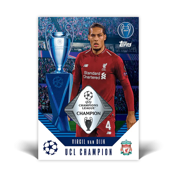 Virgil van Dijk UCL Champion card featuring the Champions League trophy and Liverpool FC branding.