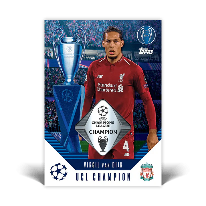 Virgil van Dijk UCL Champion card featuring the Champions League trophy and Liverpool FC branding.