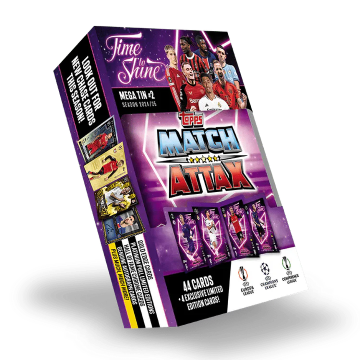 Match Attax 24/25 Mega Tin 'Time To Shine' featuring UEFA Champions League players and exclusive cards.