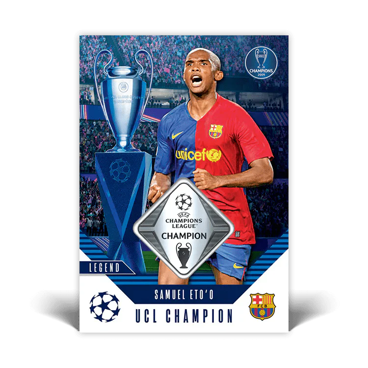 Samuel Eto'o UCL Champion card featuring trophy celebration and Barcelona kit.