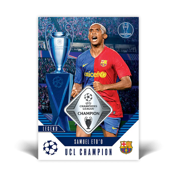 Samuel Eto'o UCL Champion card featuring trophy celebration and Barcelona kit.