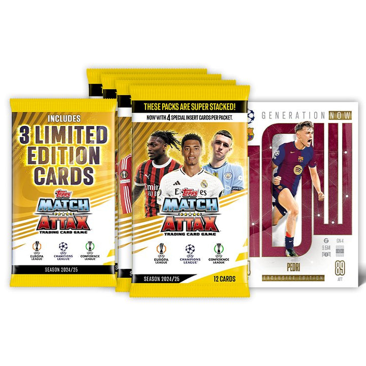 Match Attax 24/25 Mega Multipack with packs featuring 3 limited edition cards and a Generation Now exclusive card.