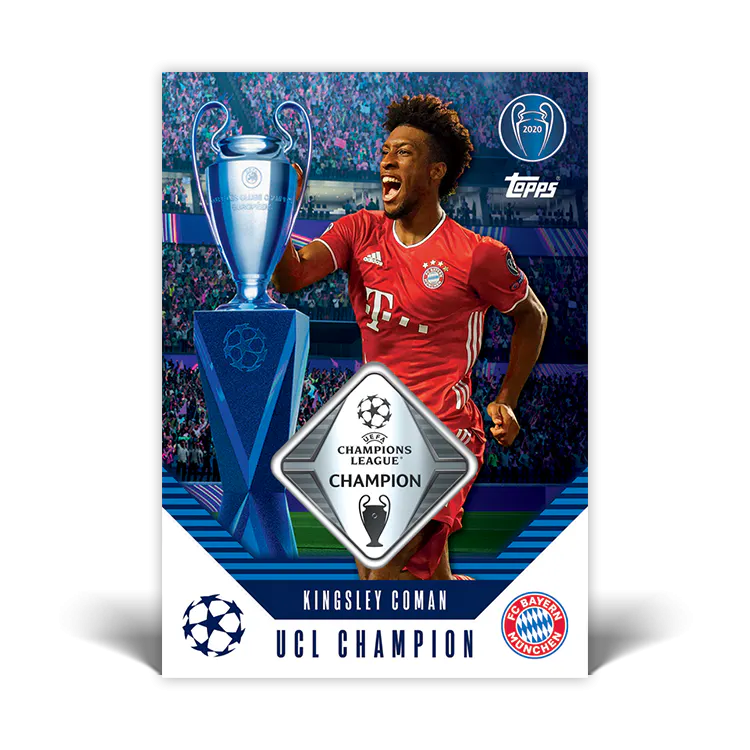 Kingsley Coman celebrating as UCL Champion with trophy in Bayern Munich kit, Topps Match Attax card.