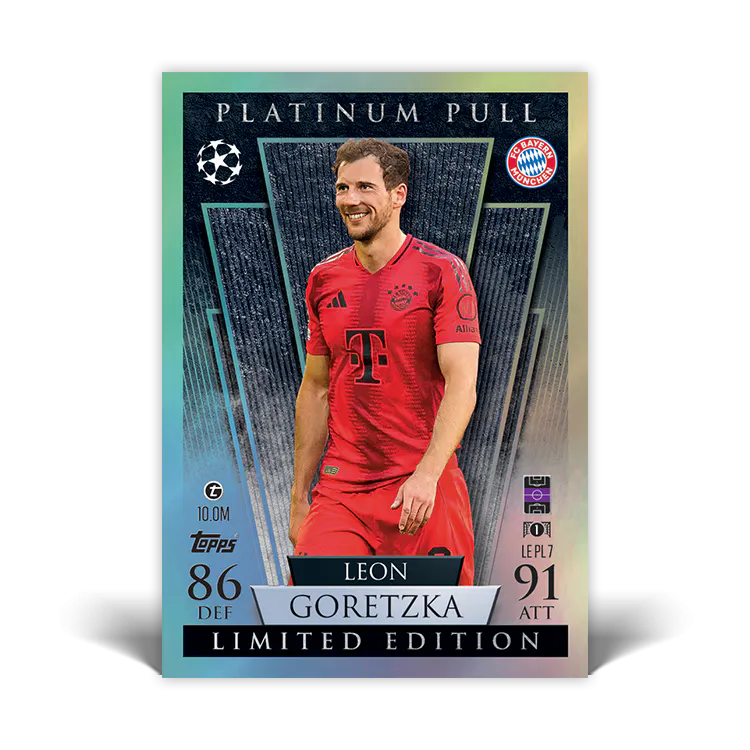 Limited Edition Match Attax card featuring Leon Goretzka, showcasing stats of 86 DEF and 91 ATT.