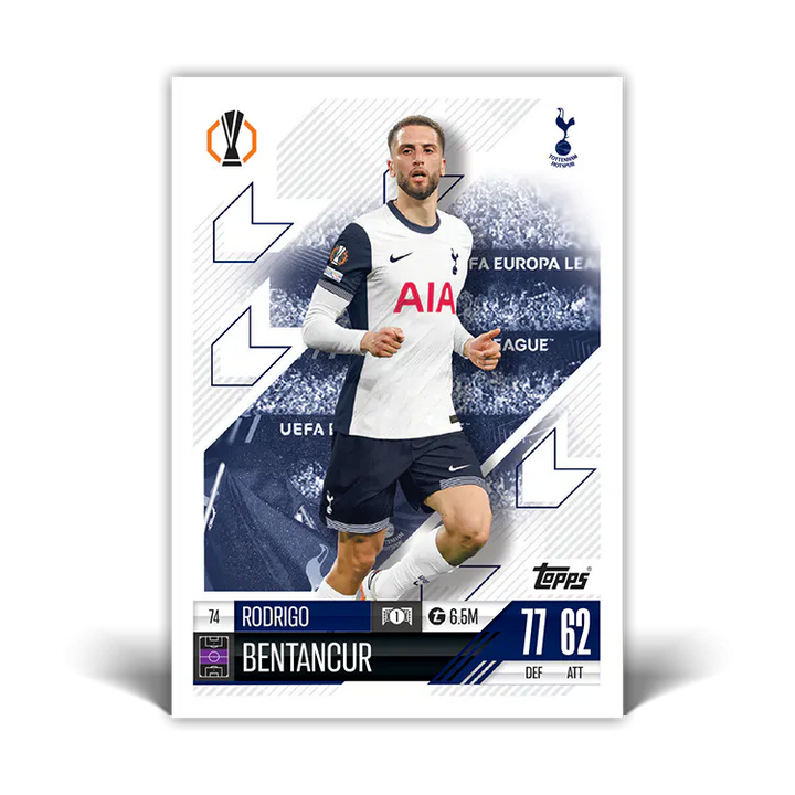 Rodrigo Bentancur Match Attax card showcasing Tottenham player stats and UEFA Europa League branding.