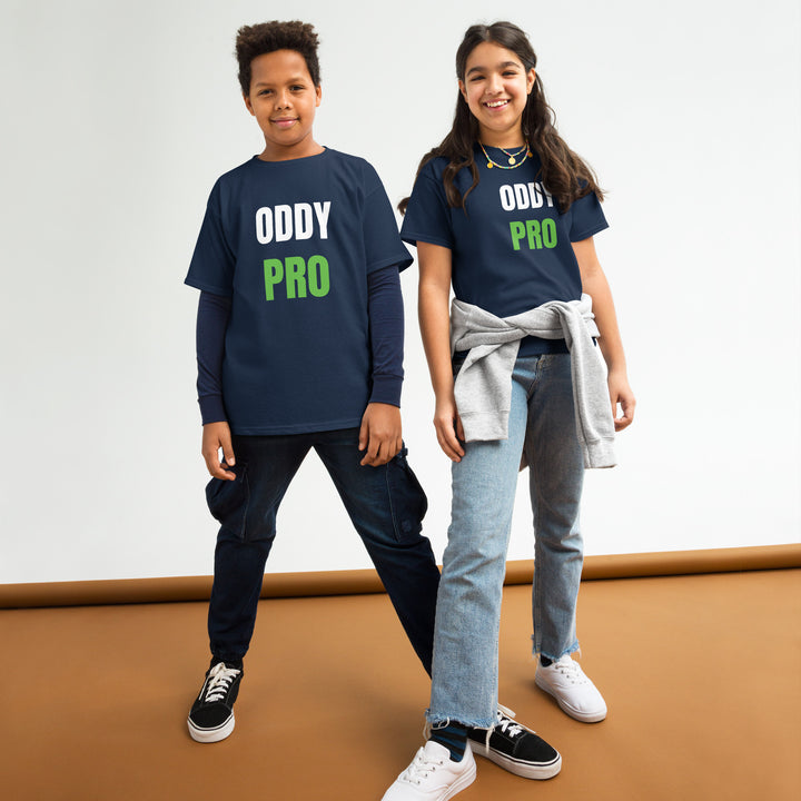 Oddy Pro Youth classic t-shirt worn by two kids posing together in a studio setting.