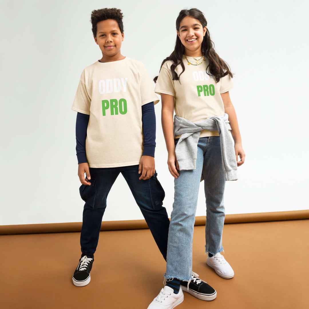 Kids wearing Oddy Pro youth classic t-shirt in a light color, showcasing comfort and style for active play.