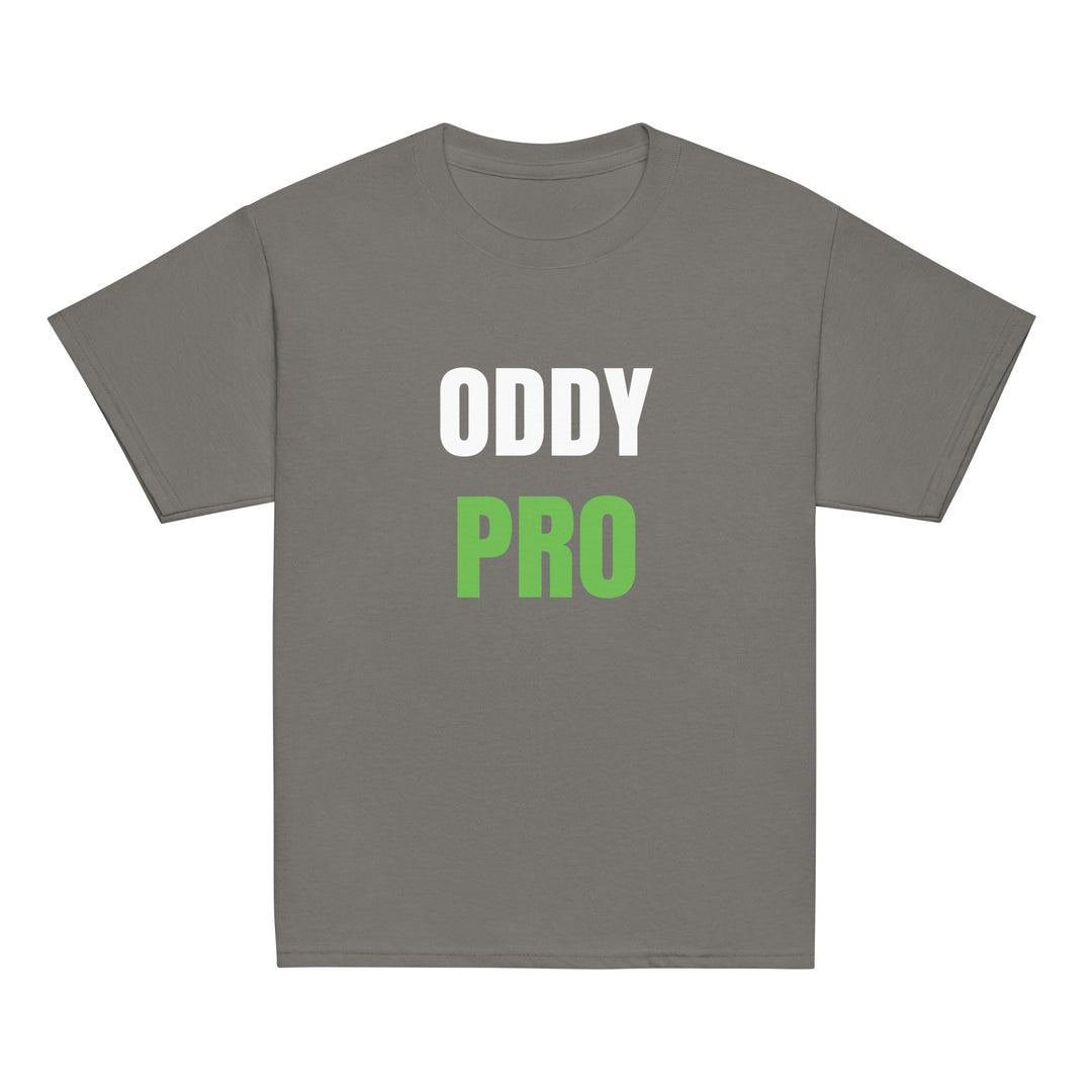 Oddy Pro youth classic t-shirt in Sport Grey color with bold green and white lettering.