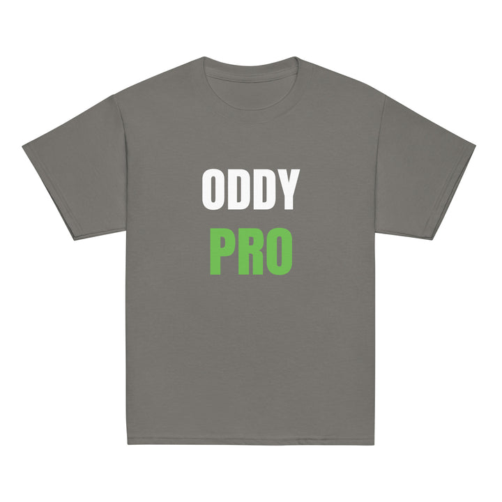 Oddy Pro youth classic t-shirt in Sport Grey color with bold green and white lettering.