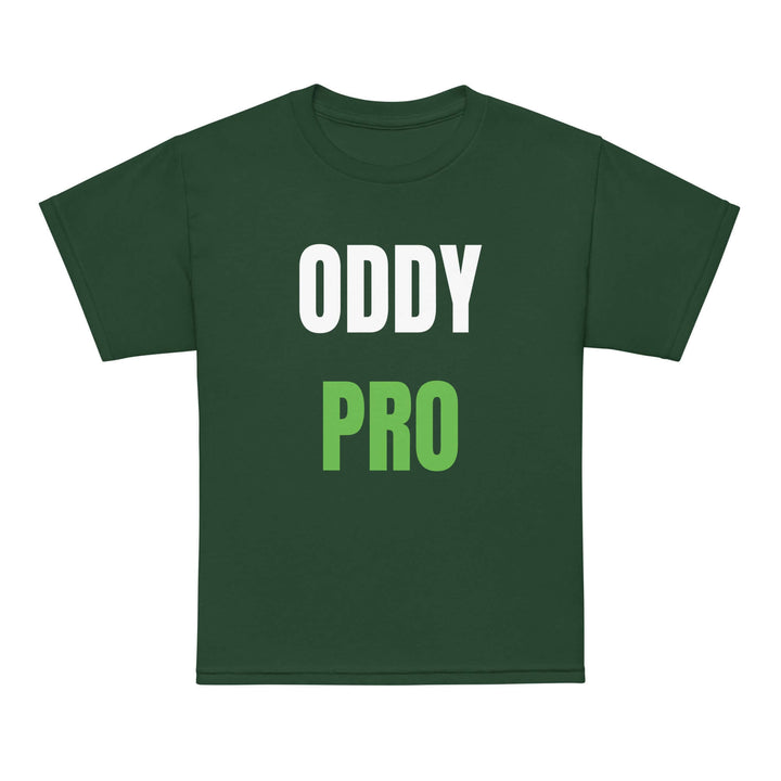 Oddy Pro Youth t-shirt in dark green with bold white and green lettering, perfect for active kids.