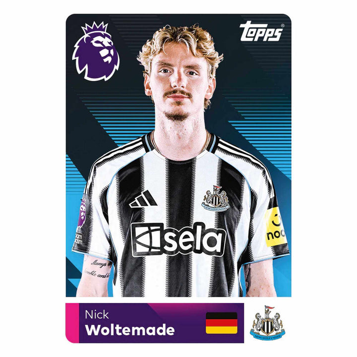 Premier League 2026 Stickers Multipack featuring Nick Woltemade from Newcastle in a vibrant card design.