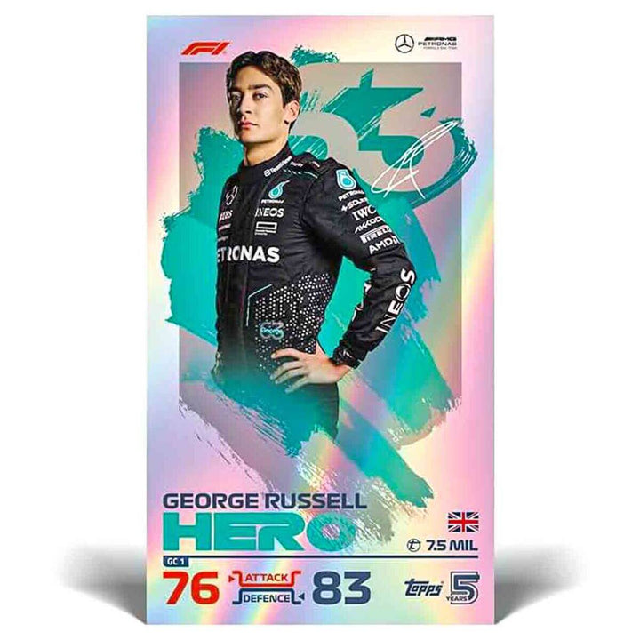 Turbo Attax Official Formula 1 Trading Card featuring driver George Russell, hero card with stats, 5th anniversary edition