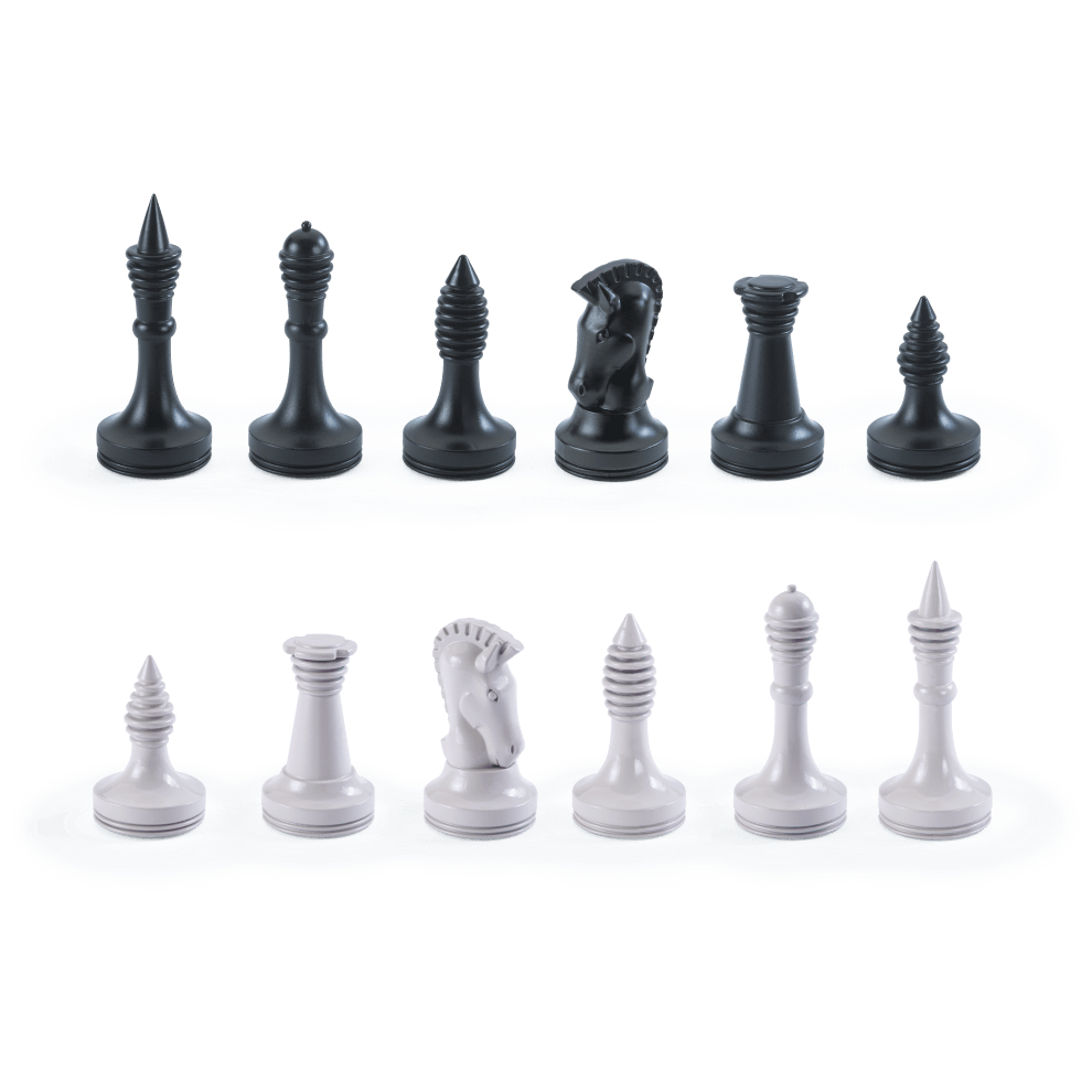 Star Trek Tri-Dimensional Chess Set pieces in black and white, showcasing unique designs inspired by the classic series.