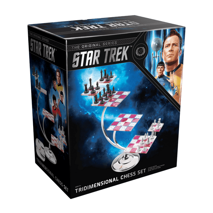 Star Trek Tri-Dimensional Chess Set box featuring iconic characters and a unique playing board design.