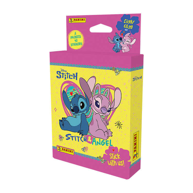 Stitch and Angel sticker collection packaging featuring Stitch and Angel with vibrant colors and text, Stick With Us!