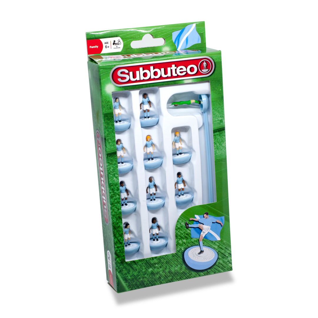 Subbuteo Light Blue and White Kit Players packaging featuring detailed figures for tabletop football.