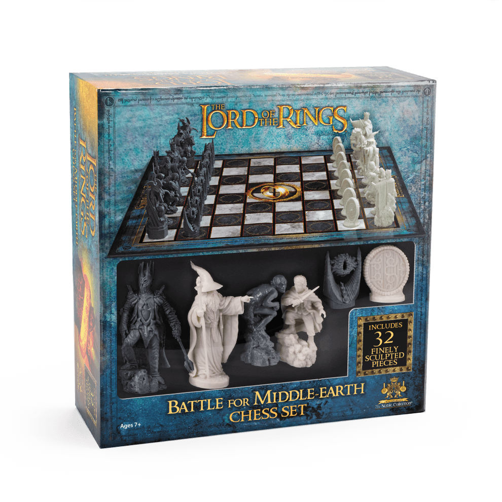 The Lord of the Rings - Battle For Middle Earth Chess Set packaging with chess pieces and board displayed.