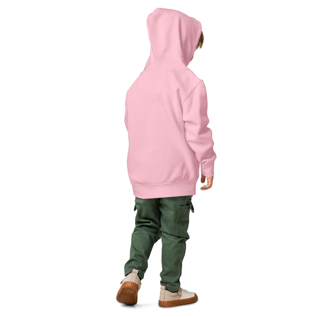 XP Grinder Toddler fleece pullover hoodie shown on a child with a pink hoodie and green pants from the back.