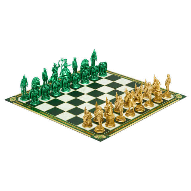Wicked Chess Set featuring green and gold pieces on a checkered board for strategic gameplay.