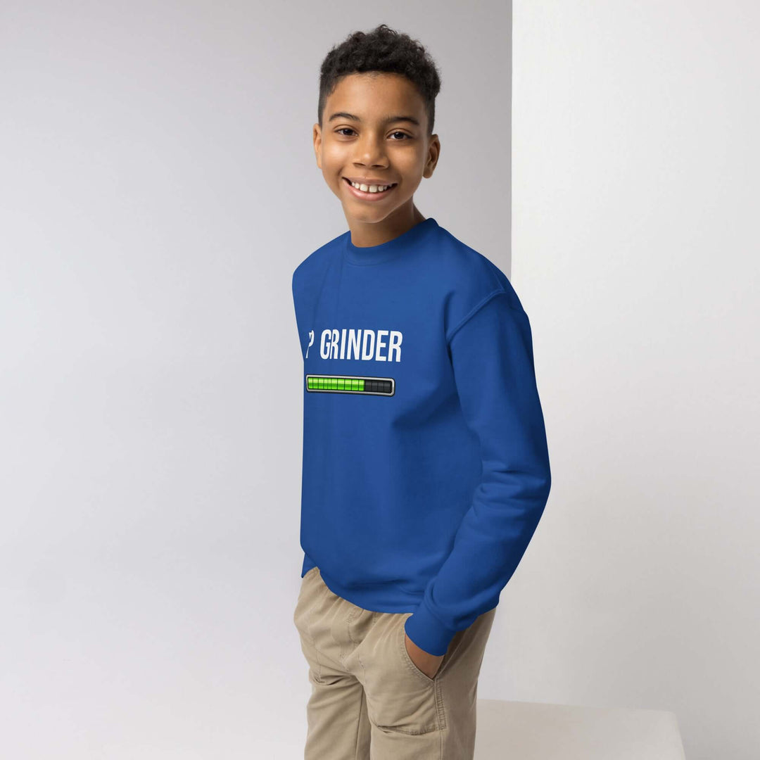 XP Grinder Youth crewneck sweatshirt shown on a smiling boy in a blue color, perfect for adventures and casual wear.