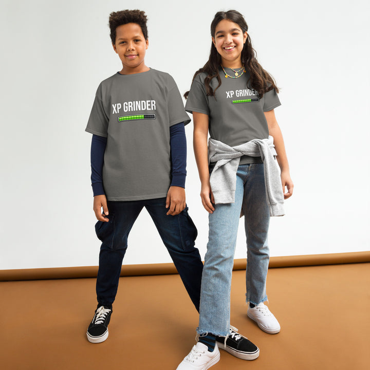 XP Grinder Youth classic tee worn by two kids, showcasing a stylish and comfortable design perfect for daily adventures.