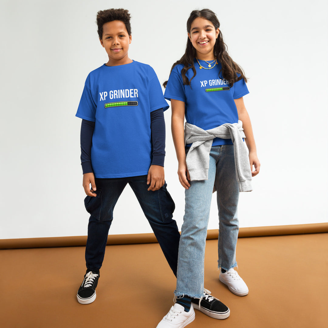 Two kids wearing XP Grinder Youth classic tee in blue with an adventure-ready style.