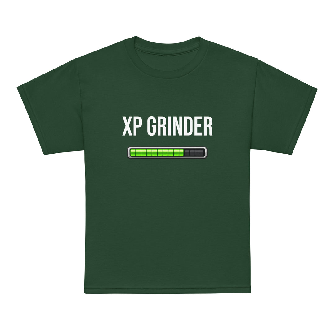 XP Grinder Youth t-shirt in green with loading bar graphic, perfect for active kids.