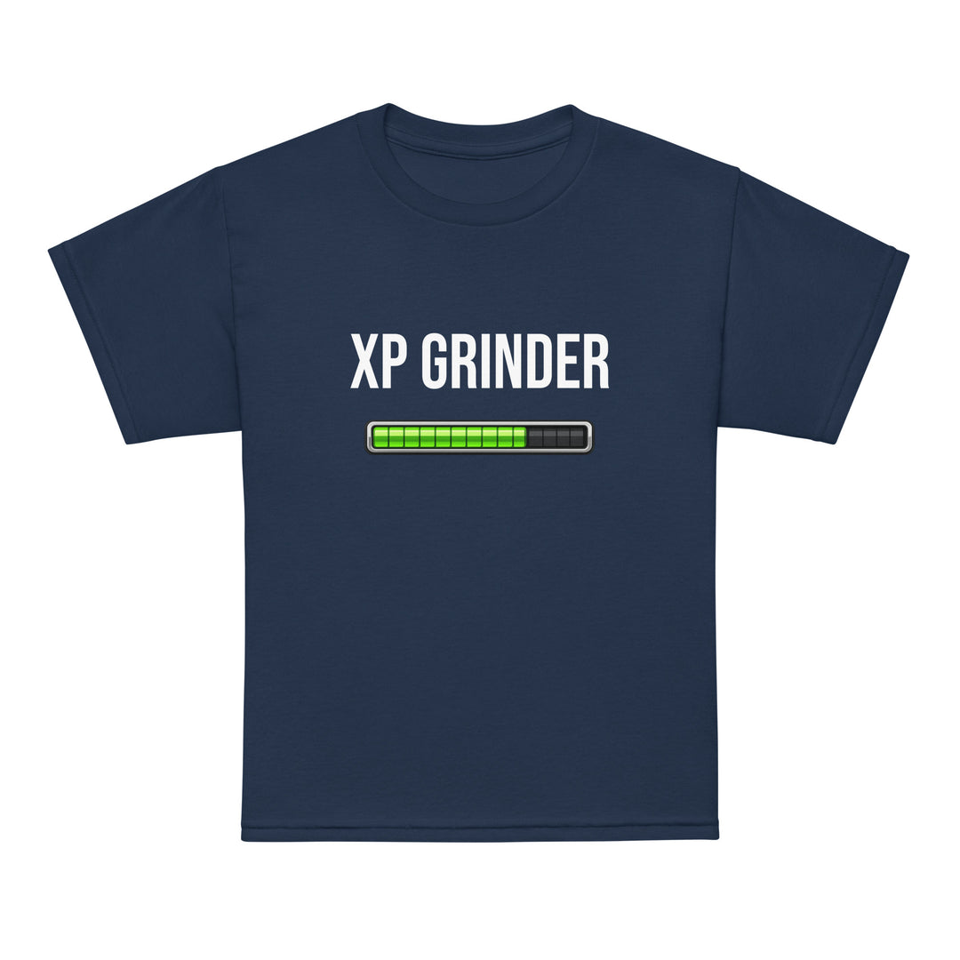 XP Grinder Youth t-shirt featuring a gaming-themed progress bar design on a navy blue background.